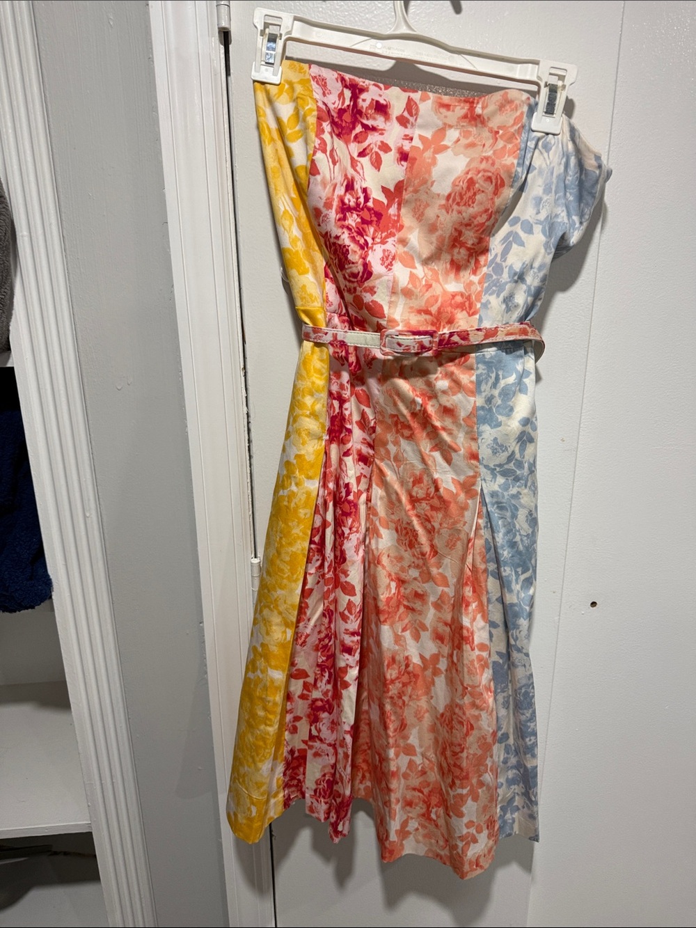 Floral Panel Strapless Midi Dress in Yellow, Coral & Blue